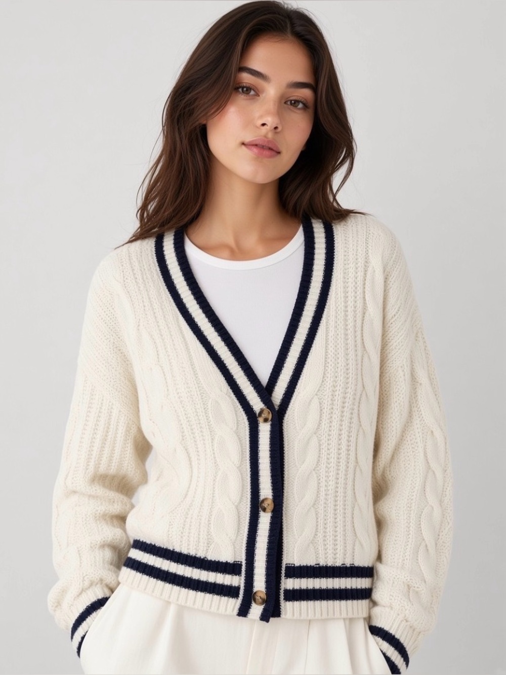 SO Goods For Life White Navy Varsity Cable Knit Cardigan Sweater | Size L